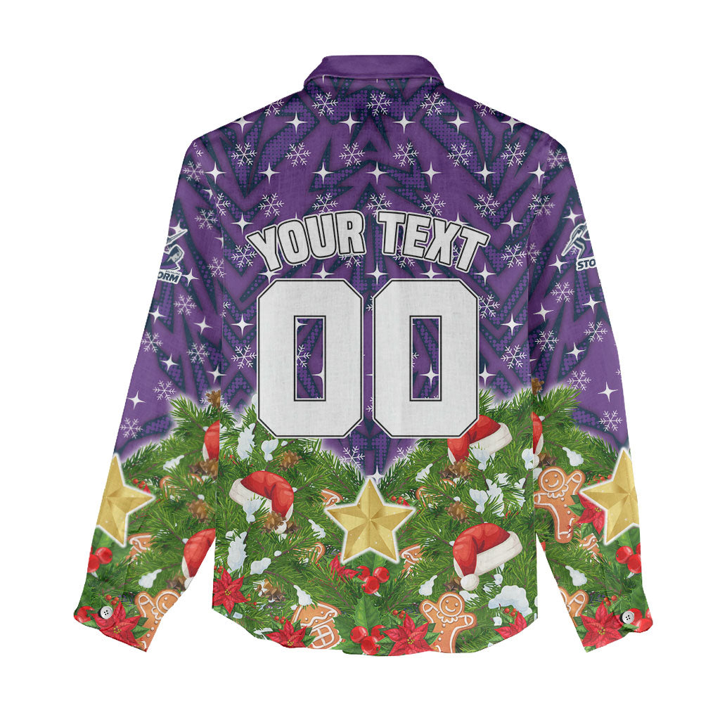 Personalised Melbourne Storm Rugby Christmas Women Casual Shirt Santa Rugby Mascot - Pine Wreath Festive