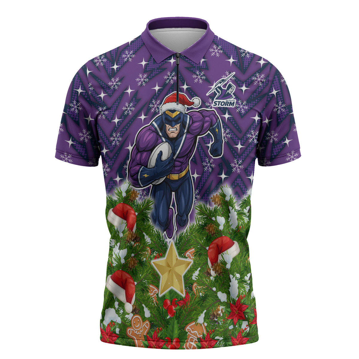 Personalised Melbourne Storm Rugby Christmas Zipper Polo Shirt Santa Rugby Mascot - Pine Wreath Festive