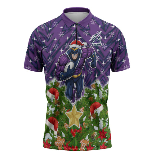 Personalised Melbourne Storm Rugby Christmas Zipper Polo Shirt Santa Rugby Mascot - Pine Wreath Festive