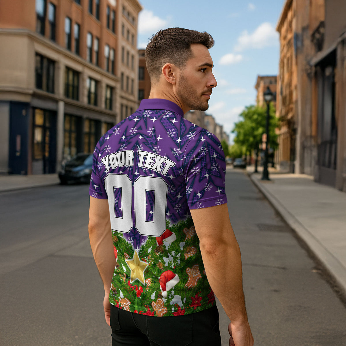 Personalised Melbourne Storm Rugby Christmas Zipper Polo Shirt Santa Rugby Mascot - Pine Wreath Festive