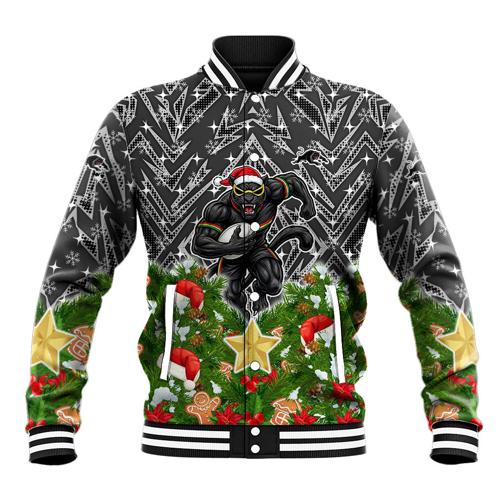 Personalised Penrith Panthers Rugby Christmas Baseball Jacket Santa Rugby Mascot - Pine Wreath Festive