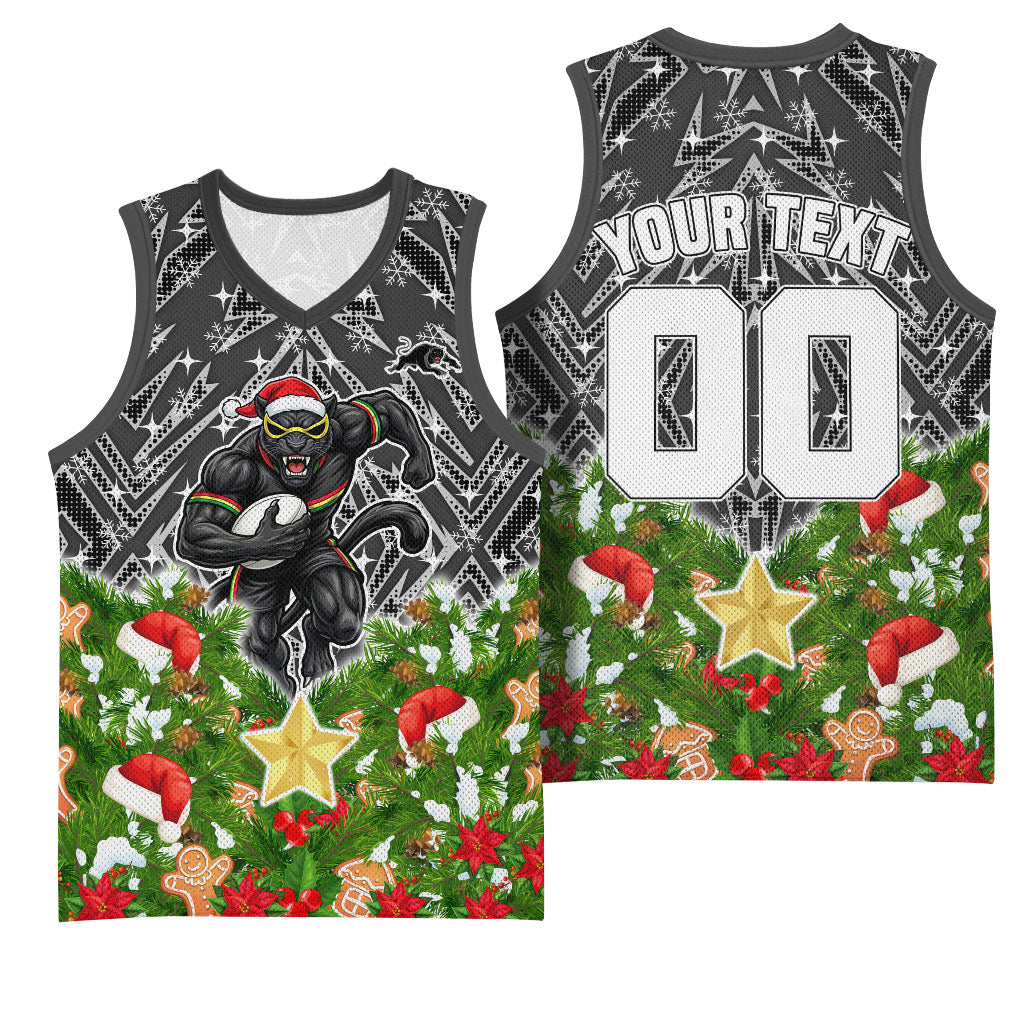 Personalised Penrith Panthers Rugby Christmas Basketball Jersey Santa Rugby Mascot - Pine Wreath Festive