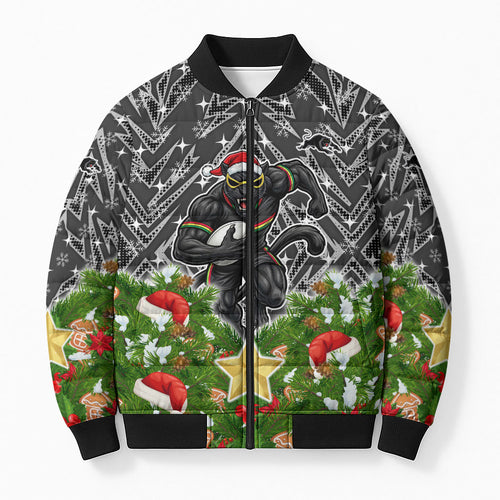 Personalised Penrith Panthers Rugby Christmas Bomber Puffer Jacket Santa Rugby Mascot - Pine Wreath Festive