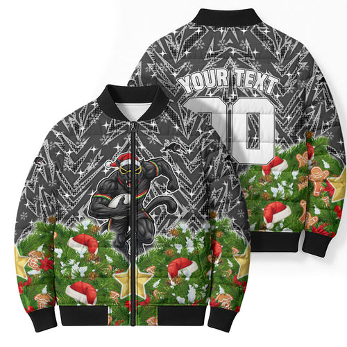 Personalised Penrith Panthers Rugby Christmas Bomber Puffer Jacket Santa Rugby Mascot - Pine Wreath Festive
