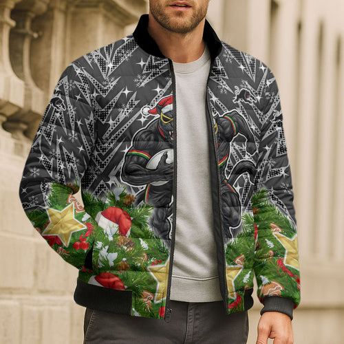 Personalised Penrith Panthers Rugby Christmas Bomber Puffer Jacket Santa Rugby Mascot - Pine Wreath Festive