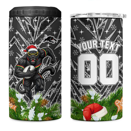 Personalised Penrith Panthers Rugby Christmas 4 in 1 Can Cooler Tumbler Santa Rugby Mascot - Pine Wreath Festive