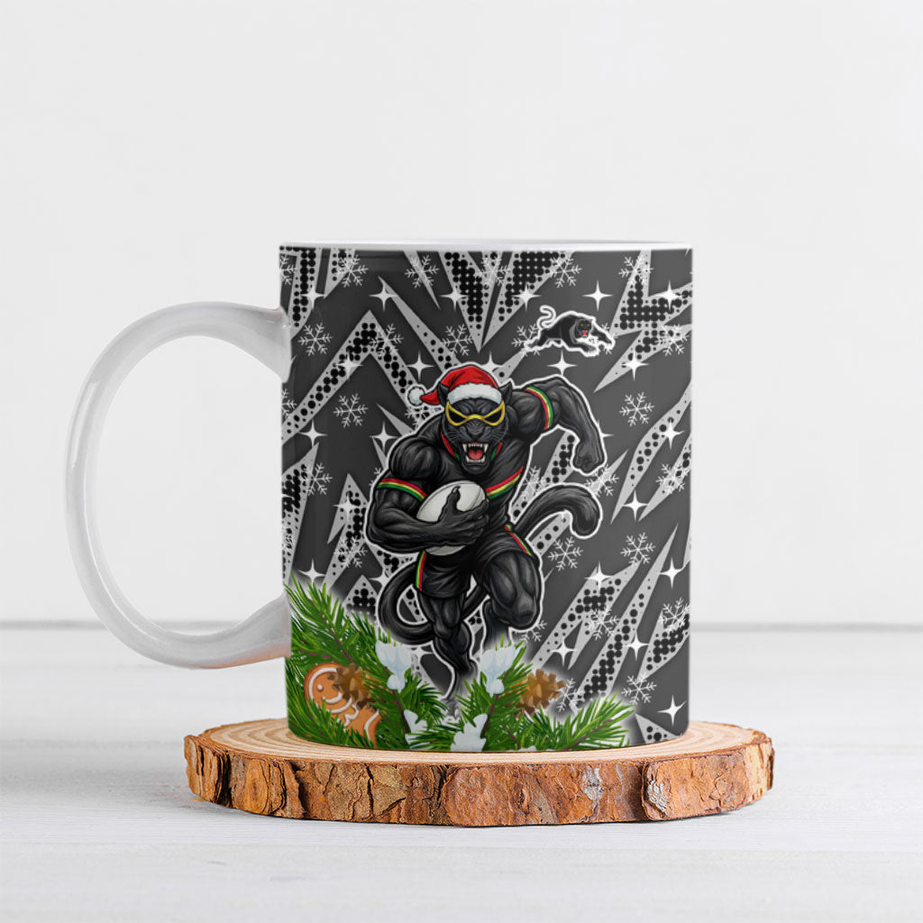Personalised Penrith Panthers Rugby Christmas Ceramic Mug Santa Rugby Mascot - Pine Wreath Festive