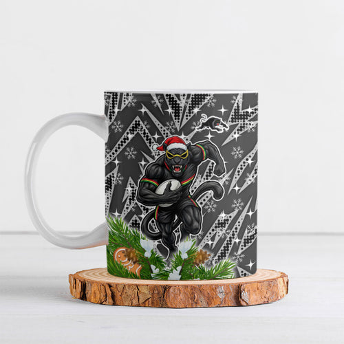 Personalised Penrith Panthers Rugby Christmas Ceramic Mug Santa Rugby Mascot - Pine Wreath Festive
