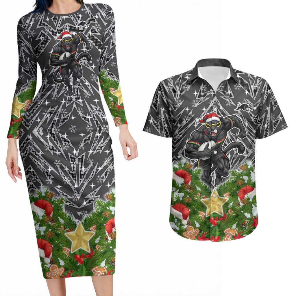 Personalised Penrith Panthers Rugby Christmas Couples Matching Long Sleeve Bodycon Dress and Hawaiian Shirt Santa Rugby Mascot - Pine Wreath Festive