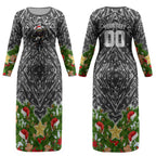 Personalised Penrith Panthers Rugby Christmas Couples Matching Long Sleeve Bodycon Dress and Hawaiian Shirt Santa Rugby Mascot - Pine Wreath Festive