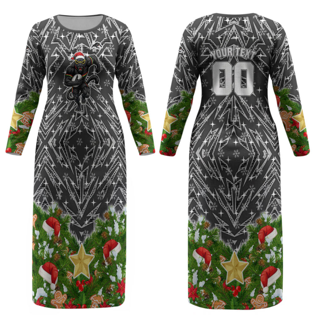 Personalised Penrith Panthers Rugby Christmas Couples Matching Long Sleeve Bodycon Dress and Hawaiian Shirt Santa Rugby Mascot - Pine Wreath Festive