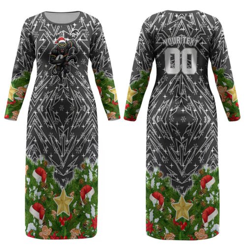 Personalised Penrith Panthers Rugby Christmas Couples Matching Long Sleeve Bodycon Dress and Long Sleeve Button Shirt Santa Rugby Mascot - Pine Wreath Festive