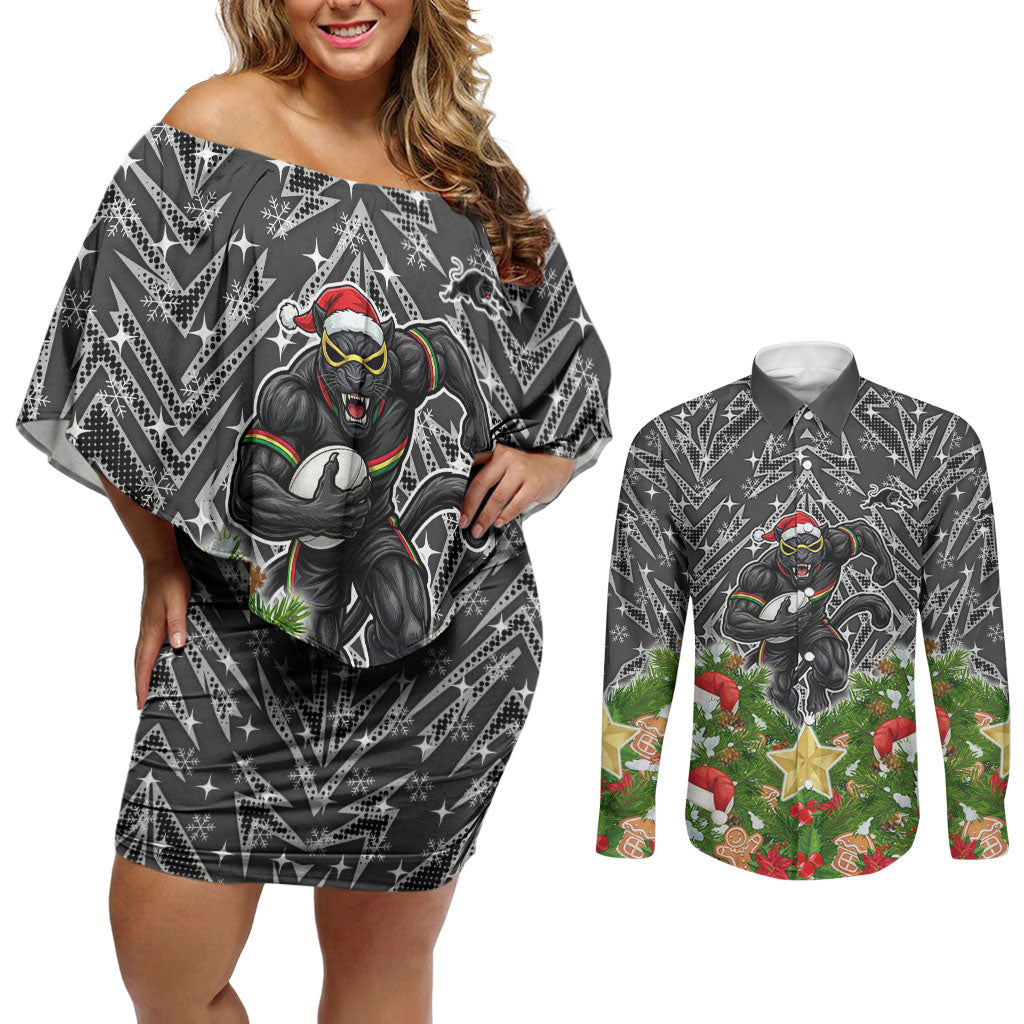 Personalised Penrith Panthers Rugby Christmas Couples Matching Off Shoulder Short Dress and Long Sleeve Button Shirt Santa Rugby Mascot - Pine Wreath Festive