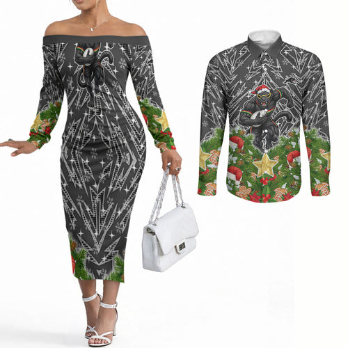 Personalised Penrith Panthers Rugby Christmas Couples Matching Off The Shoulder Long Sleeve Dress and Long Sleeve Button Shirt Santa Rugby Mascot - Pine Wreath Festive