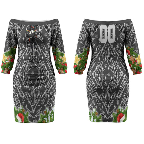 Personalised Penrith Panthers Rugby Christmas Couples Matching Off The Shoulder Long Sleeve Dress and Long Sleeve Button Shirt Santa Rugby Mascot - Pine Wreath Festive