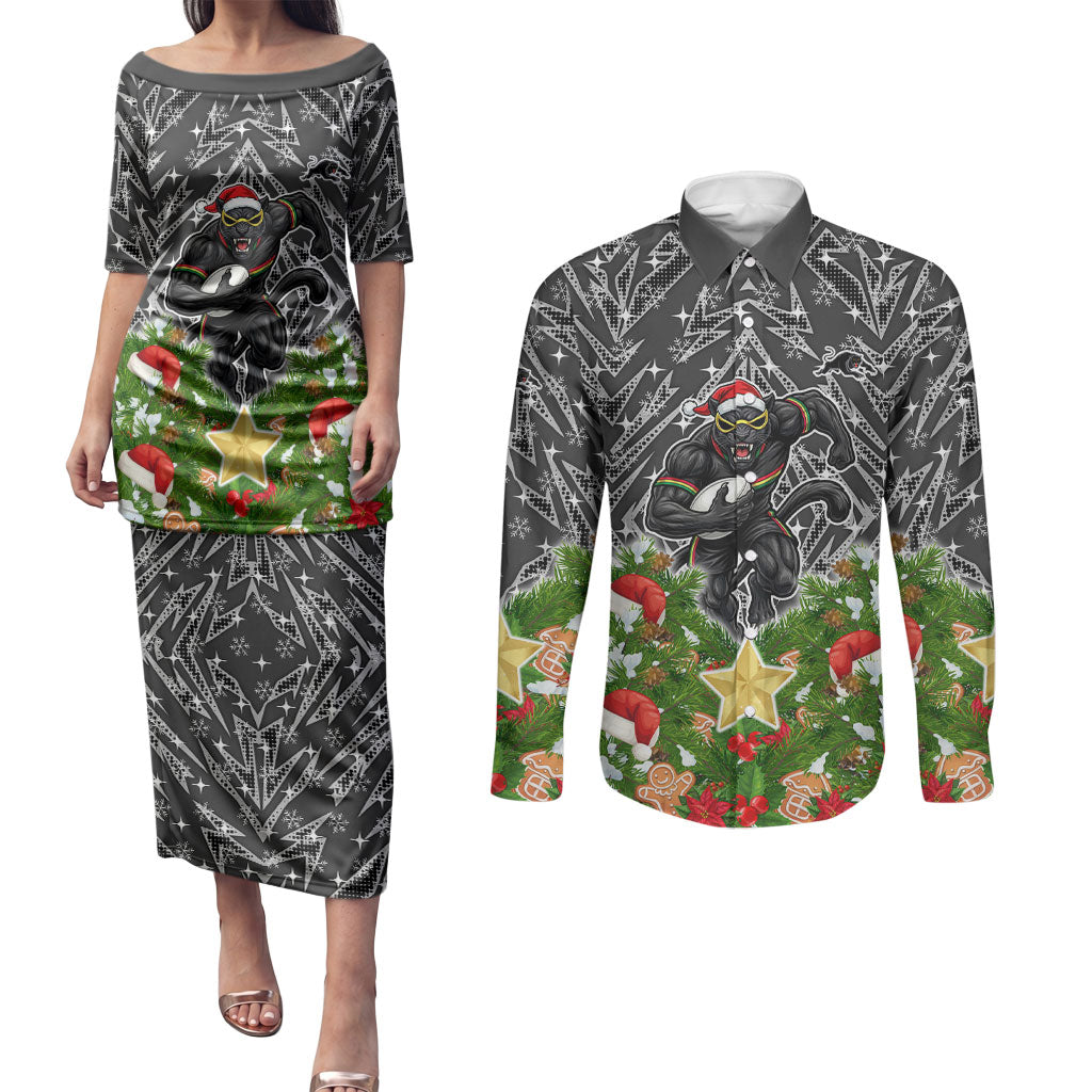 Personalised Penrith Panthers Rugby Christmas Couples Matching Puletasi and Long Sleeve Button Shirt Santa Rugby Mascot - Pine Wreath Festive