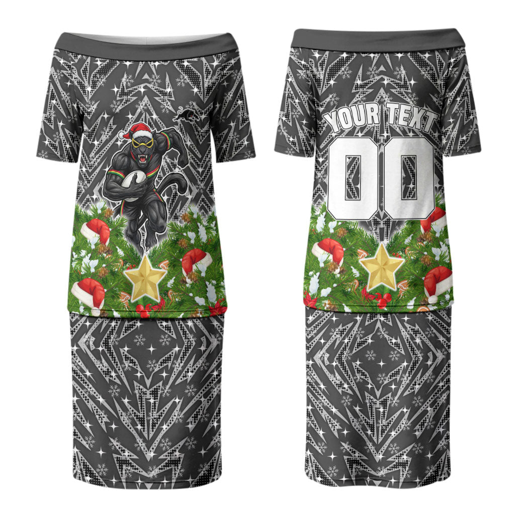 Personalised Penrith Panthers Rugby Christmas Couples Matching Puletasi and Long Sleeve Button Shirt Santa Rugby Mascot - Pine Wreath Festive