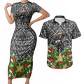 Personalised Penrith Panthers Rugby Christmas Couples Matching Short Sleeve Bodycon Dress and Hawaiian Shirt Santa Rugby Mascot - Pine Wreath Festive