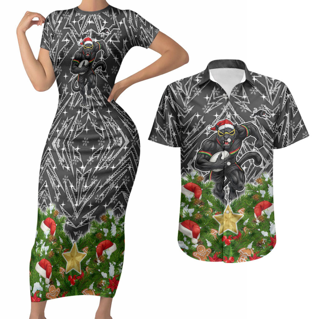 Personalised Penrith Panthers Rugby Christmas Couples Matching Short Sleeve Bodycon Dress and Hawaiian Shirt Santa Rugby Mascot - Pine Wreath Festive