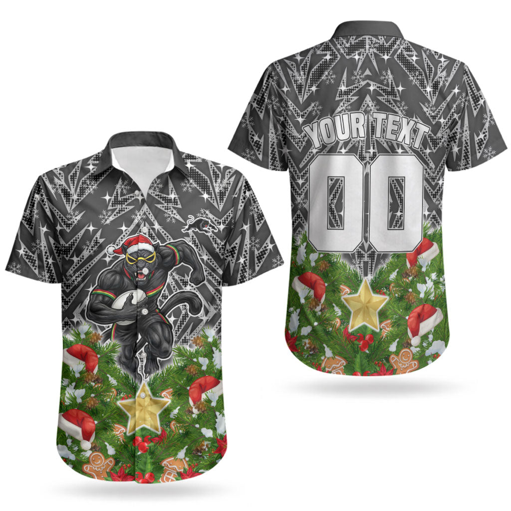 Personalised Penrith Panthers Rugby Christmas Couples Matching Short Sleeve Bodycon Dress and Hawaiian Shirt Santa Rugby Mascot - Pine Wreath Festive