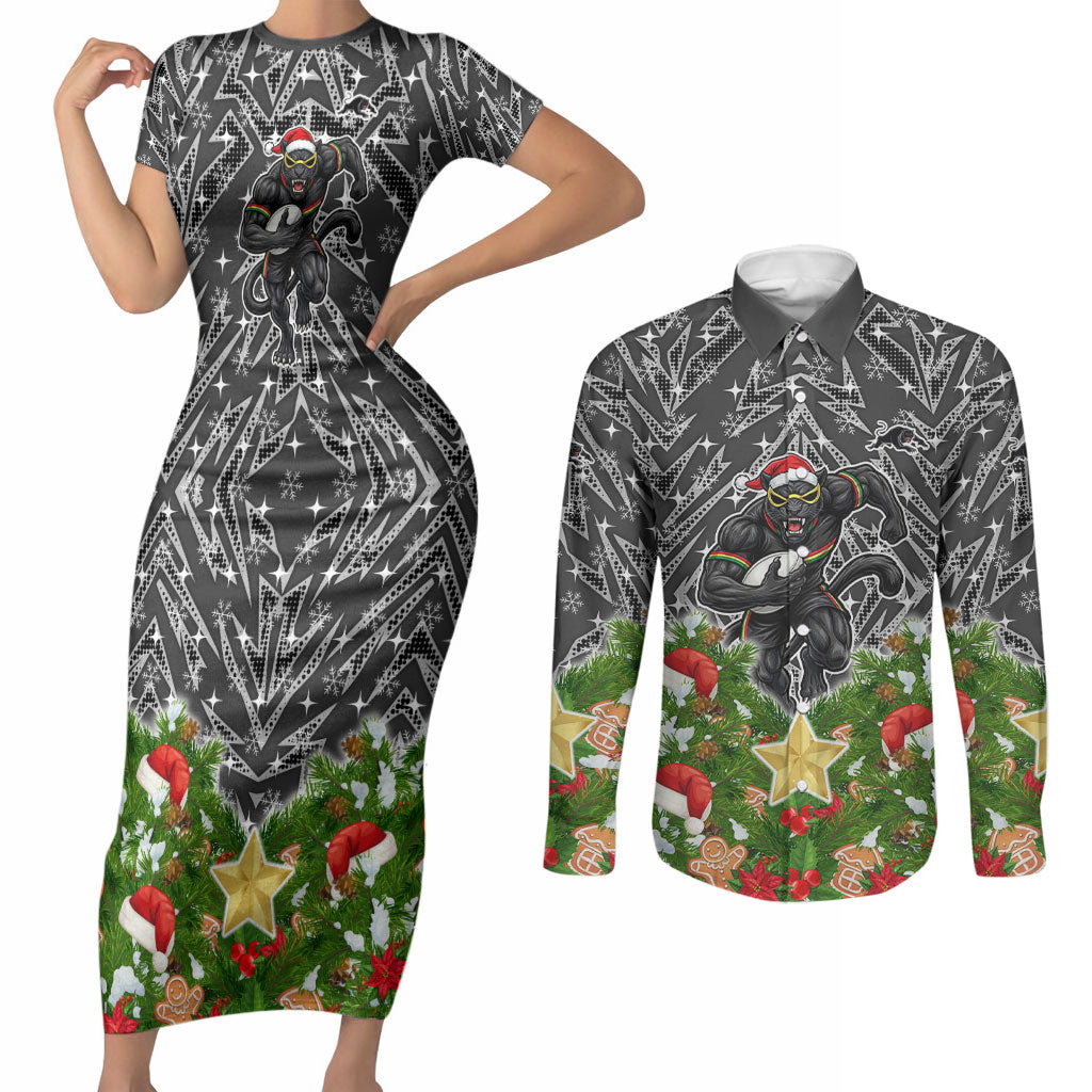 Personalised Penrith Panthers Rugby Christmas Couples Matching Short Sleeve Bodycon Dress and Long Sleeve Button Shirt Santa Rugby Mascot - Pine Wreath Festive