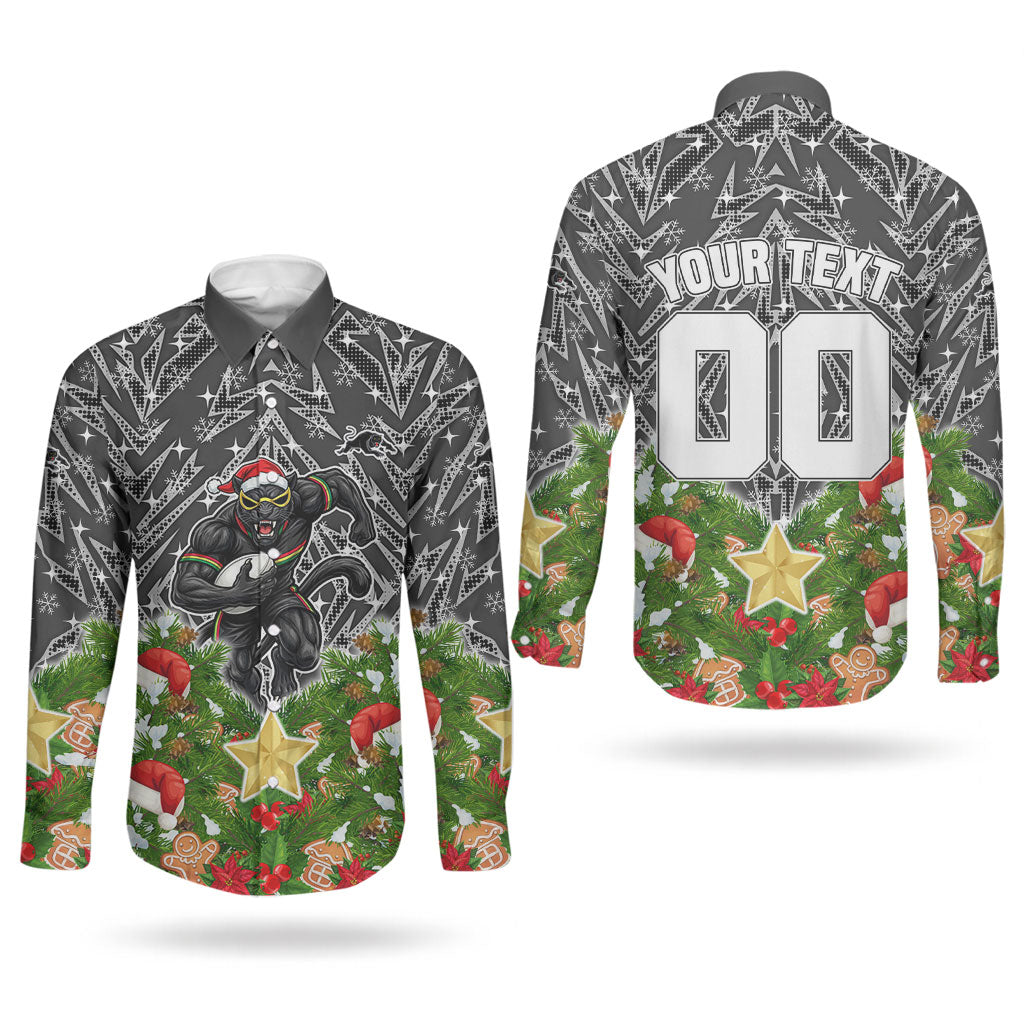 Personalised Penrith Panthers Rugby Christmas Couples Matching Short Sleeve Bodycon Dress and Long Sleeve Button Shirt Santa Rugby Mascot - Pine Wreath Festive