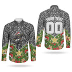 Personalised Penrith Panthers Rugby Christmas Couples Matching Short Sleeve Bodycon Dress and Long Sleeve Button Shirt Santa Rugby Mascot - Pine Wreath Festive