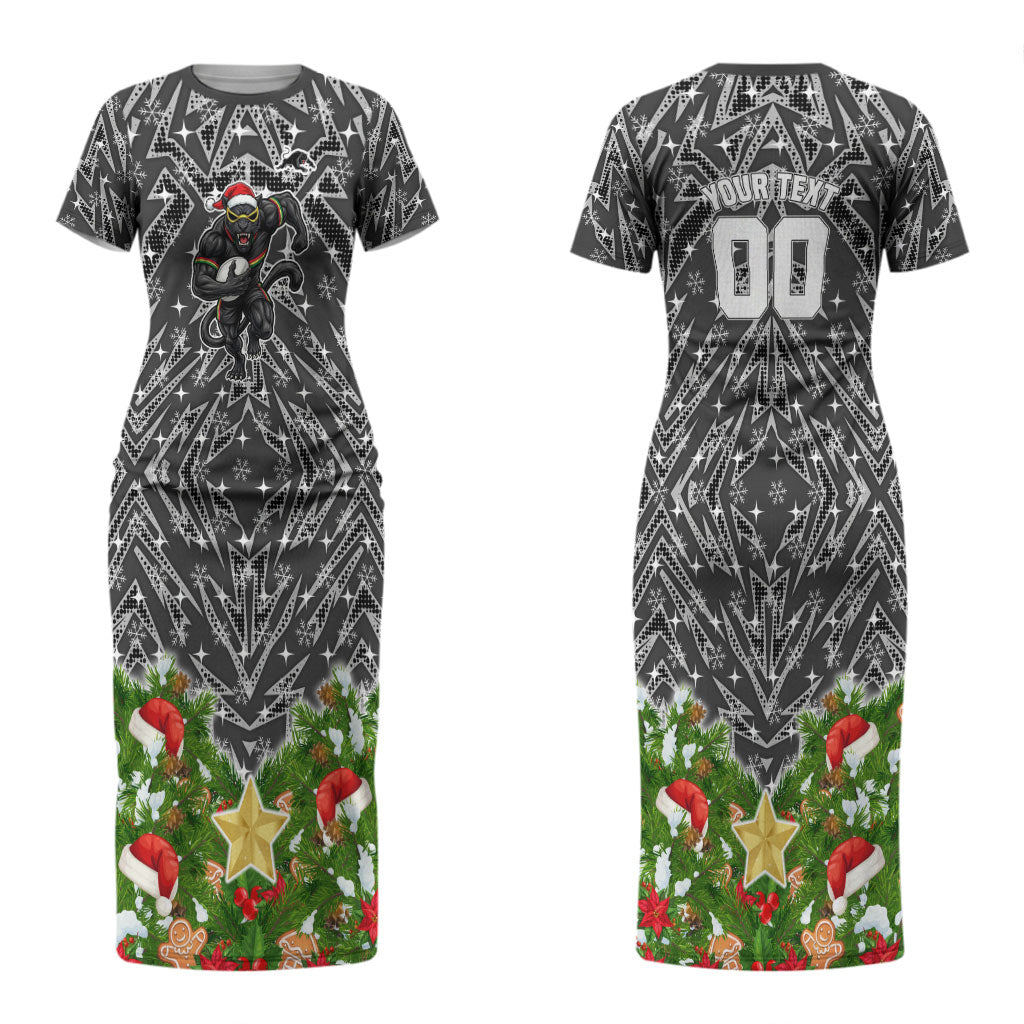 Personalised Penrith Panthers Rugby Christmas Couples Matching Short Sleeve Bodycon Dress and Long Sleeve Button Shirt Santa Rugby Mascot - Pine Wreath Festive