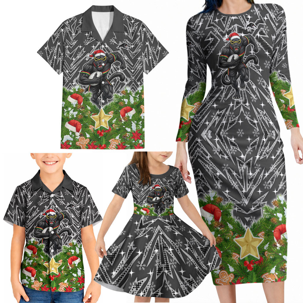 Personalised Penrith Panthers Rugby Christmas Family Matching Long Sleeve Bodycon Dress and Hawaiian Shirt Santa Rugby Mascot - Pine Wreath Festive