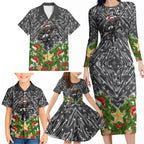 Personalised Penrith Panthers Rugby Christmas Family Matching Long Sleeve Bodycon Dress and Hawaiian Shirt Santa Rugby Mascot - Pine Wreath Festive