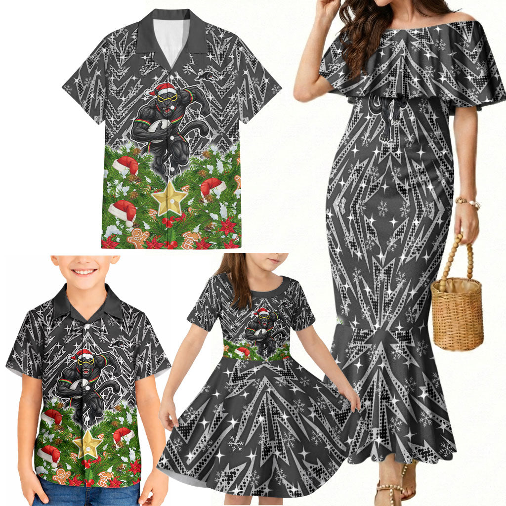 Personalised Penrith Panthers Rugby Christmas Family Matching Mermaid Dress and Hawaiian Shirt Santa Rugby Mascot - Pine Wreath Festive