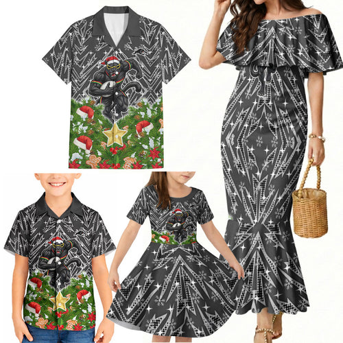 Personalised Penrith Panthers Rugby Christmas Family Matching Mermaid Dress and Hawaiian Shirt Santa Rugby Mascot - Pine Wreath Festive
