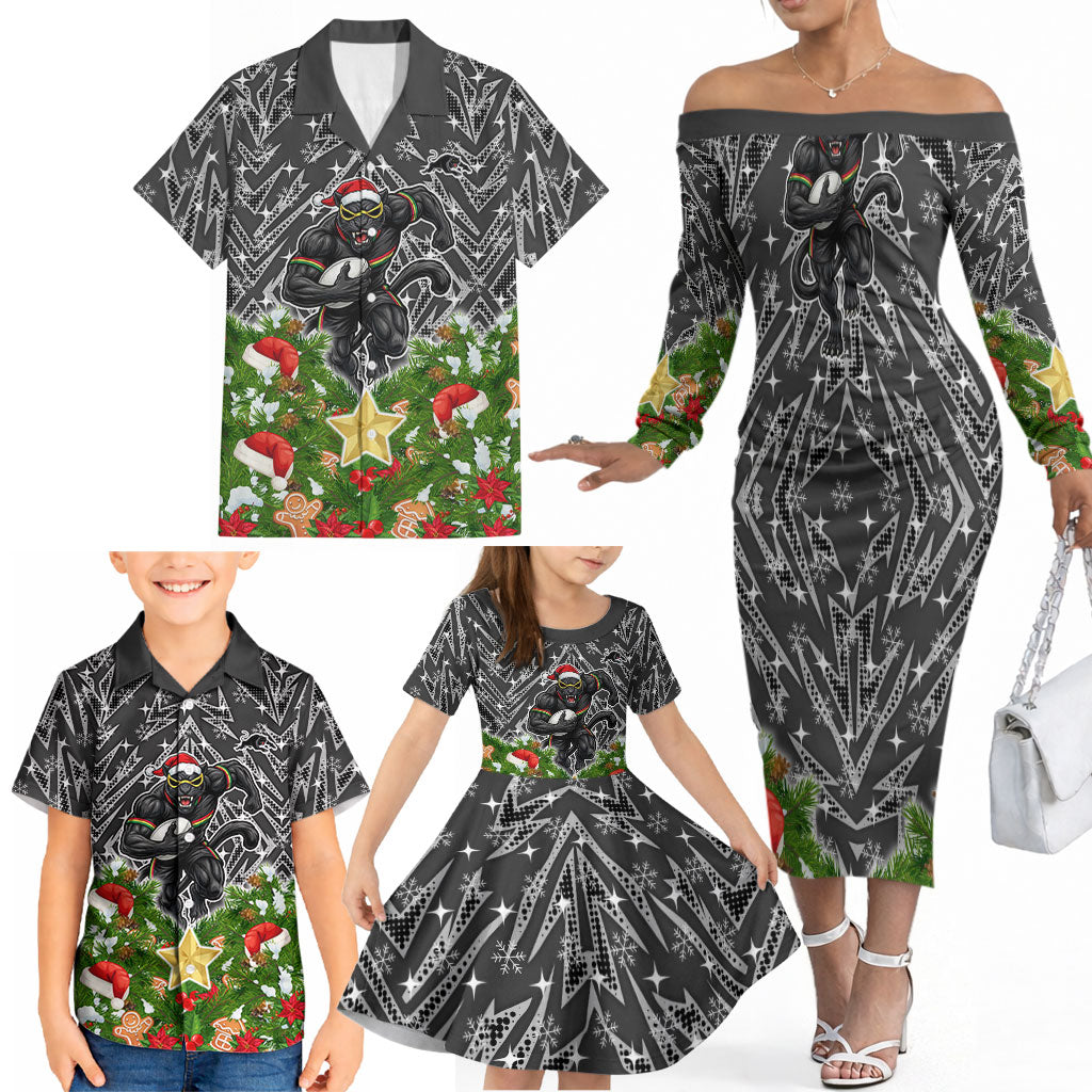 Personalised Penrith Panthers Rugby Christmas Family Matching Off The Shoulder Long Sleeve Dress and Hawaiian Shirt Santa Rugby Mascot - Pine Wreath Festive
