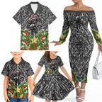 Personalised Penrith Panthers Rugby Christmas Family Matching Off The Shoulder Long Sleeve Dress and Hawaiian Shirt Santa Rugby Mascot - Pine Wreath Festive