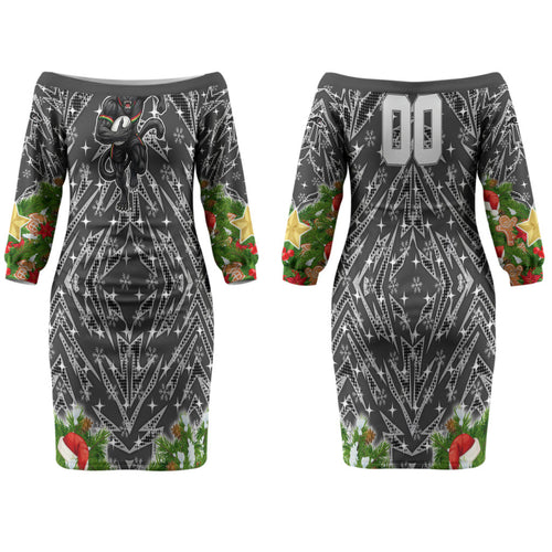 Personalised Penrith Panthers Rugby Christmas Family Matching Off The Shoulder Long Sleeve Dress and Hawaiian Shirt Santa Rugby Mascot - Pine Wreath Festive