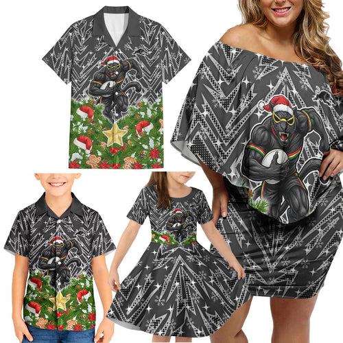 Personalised Penrith Panthers Rugby Christmas Family Matching Off Shoulder Short Dress and Hawaiian Shirt Santa Rugby Mascot - Pine Wreath Festive