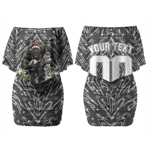Personalised Penrith Panthers Rugby Christmas Family Matching Off Shoulder Short Dress and Hawaiian Shirt Santa Rugby Mascot - Pine Wreath Festive