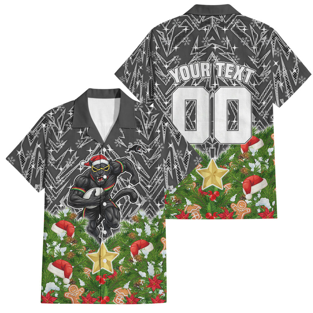 Personalised Penrith Panthers Rugby Christmas Family Matching Off Shoulder Short Dress and Hawaiian Shirt Santa Rugby Mascot - Pine Wreath Festive