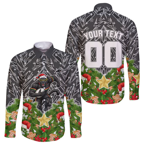 Personalised Penrith Panthers Rugby Christmas Family Matching Off Shoulder Short Dress and Hawaiian Shirt Santa Rugby Mascot - Pine Wreath Festive