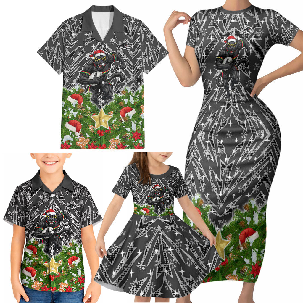Personalised Penrith Panthers Rugby Christmas Family Matching Short Sleeve Bodycon Dress and Hawaiian Shirt Santa Rugby Mascot - Pine Wreath Festive