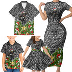 Personalised Penrith Panthers Rugby Christmas Family Matching Short Sleeve Bodycon Dress and Hawaiian Shirt Santa Rugby Mascot - Pine Wreath Festive