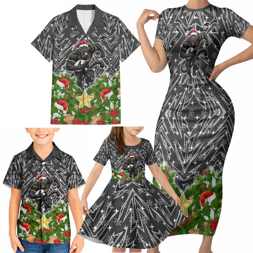 Personalised Penrith Panthers Rugby Christmas Family Matching Short Sleeve Bodycon Dress and Hawaiian Shirt Santa Rugby Mascot - Pine Wreath Festive