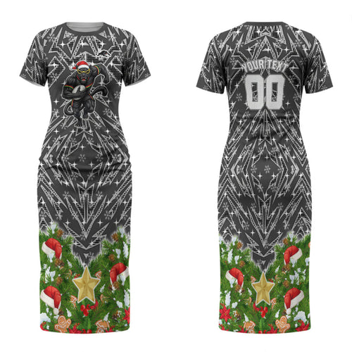 Personalised Penrith Panthers Rugby Christmas Family Matching Short Sleeve Bodycon Dress and Hawaiian Shirt Santa Rugby Mascot - Pine Wreath Festive