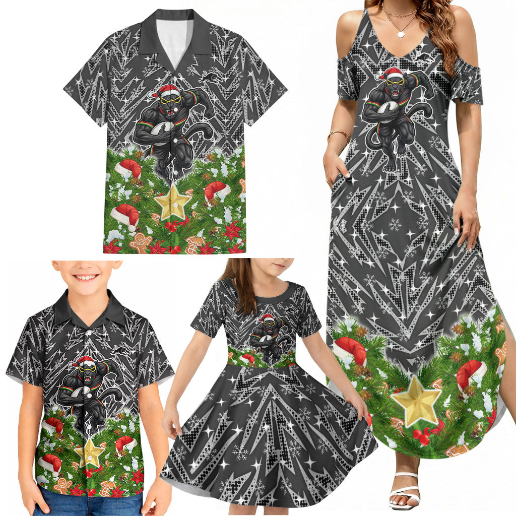 Personalised Penrith Panthers Rugby Christmas Family Matching Summer Maxi Dress and Hawaiian Shirt Santa Rugby Mascot - Pine Wreath Festive