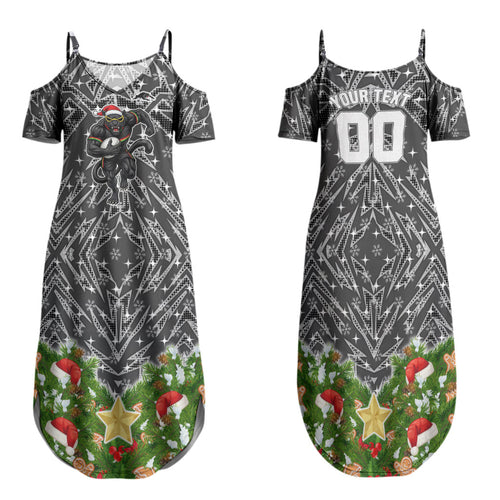 Personalised Penrith Panthers Rugby Christmas Family Matching Summer Maxi Dress and Hawaiian Shirt Santa Rugby Mascot - Pine Wreath Festive