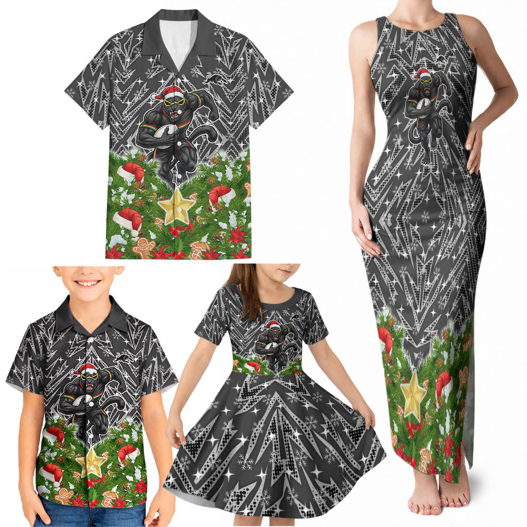 Personalised Penrith Panthers Rugby Christmas Family Matching Tank Maxi Dress and Hawaiian Shirt Santa Rugby Mascot - Pine Wreath Festive