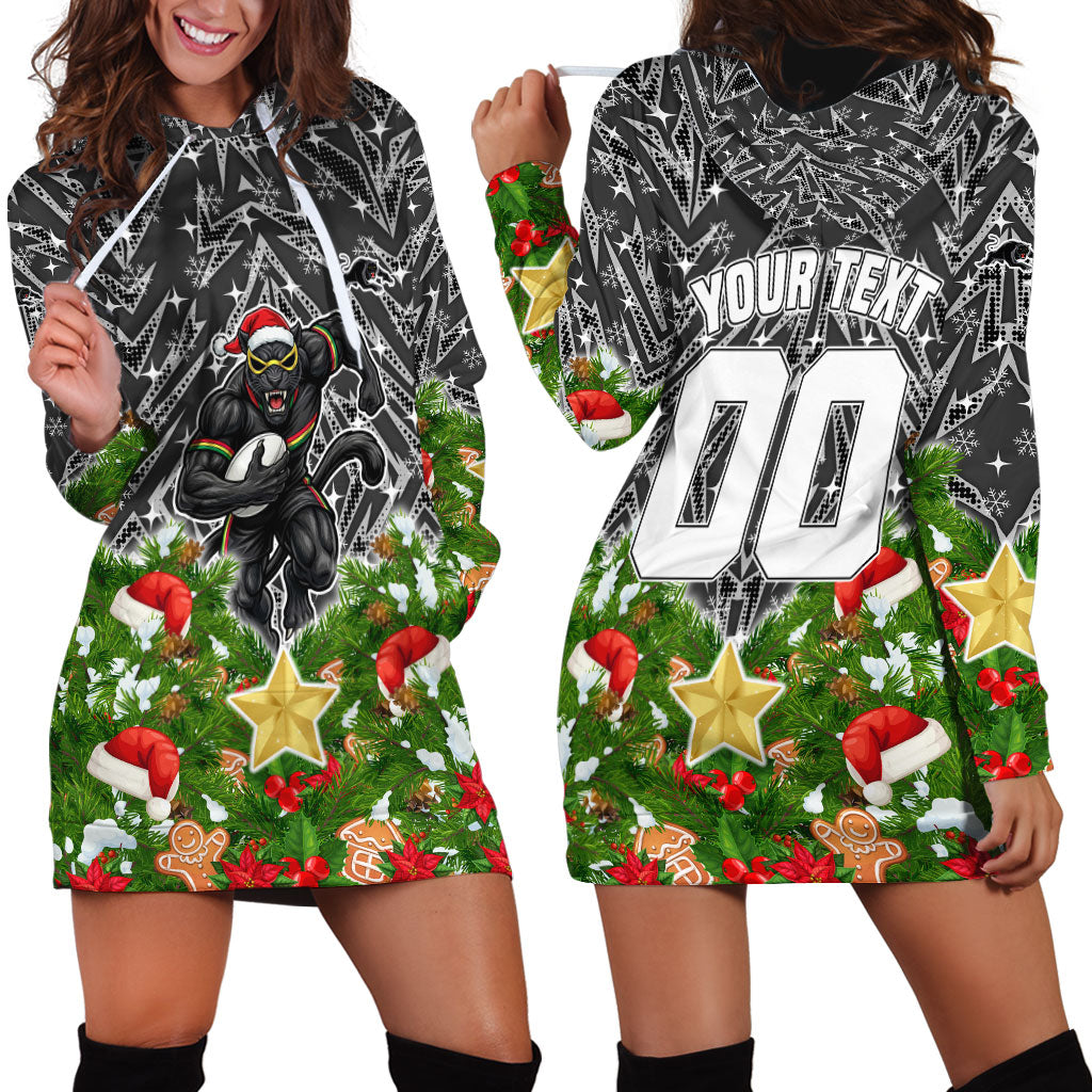 Personalised Penrith Panthers Rugby Christmas Hoodie Dress Santa Rugby Mascot - Pine Wreath Festive
