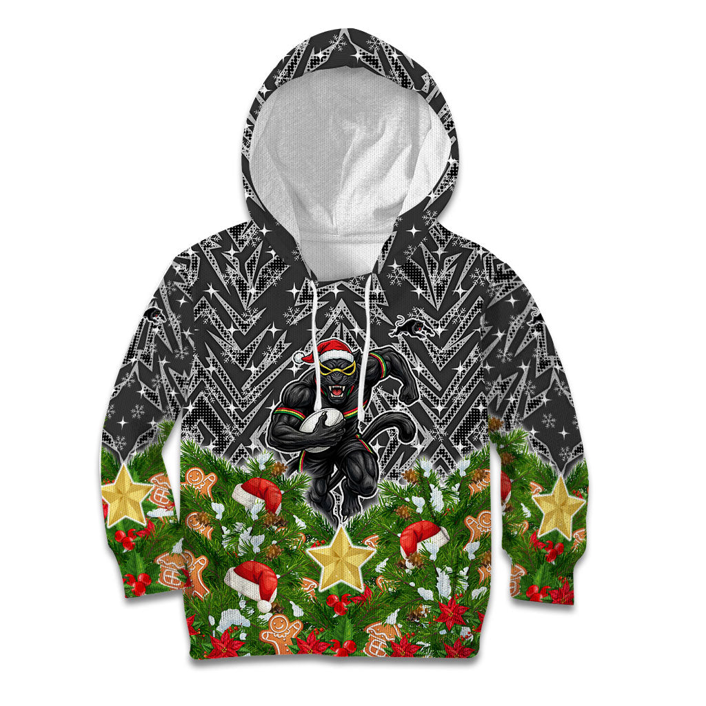 Personalised Penrith Panthers Rugby Christmas Kid Hoodie Santa Rugby Mascot - Pine Wreath Festive