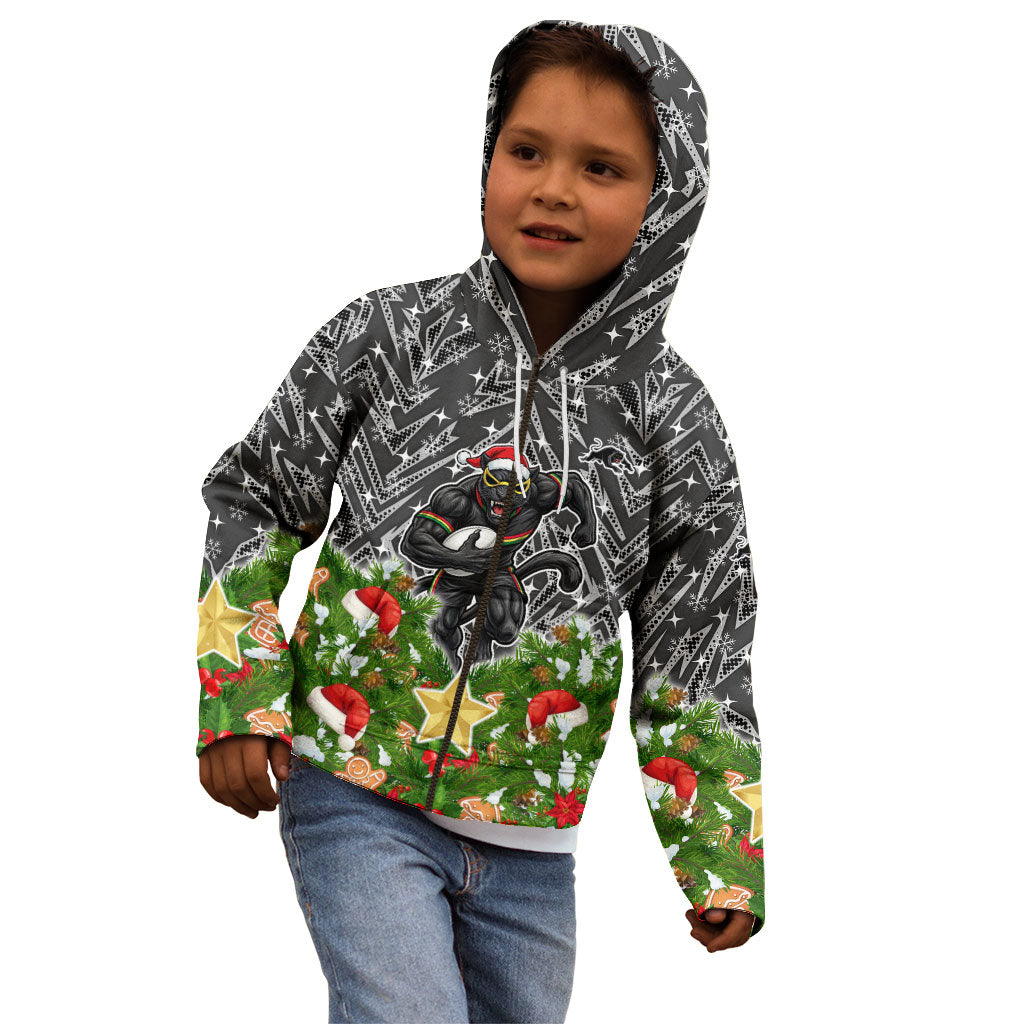 Personalised Penrith Panthers Rugby Christmas Kid Hoodie Santa Rugby Mascot - Pine Wreath Festive