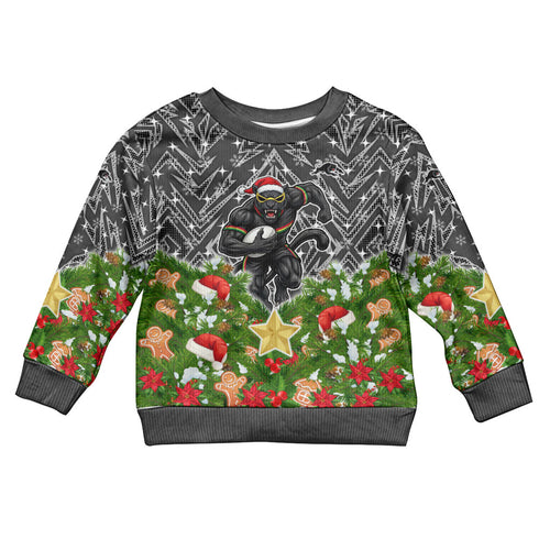Personalised Penrith Panthers Rugby Christmas Kid Ugly Christmas Sweater Santa Rugby Mascot - Pine Wreath Festive